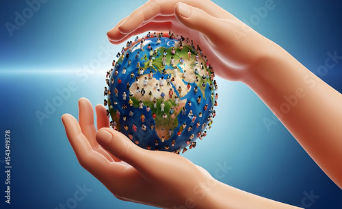 Hands Holding Globe with Miniature People | Global Community and Environmental Protection Concept for Social Media, Healthcare and Sustainable Business Initiatives