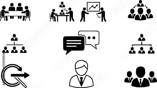 set of business people icons, such as meeting, team, structure, communication, member, group