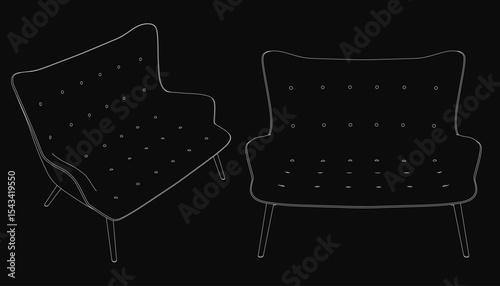 Black lounge chairs with sleek modern design feature curved backrests and tapered legs. The dark background enhances the striking contrast of the black upholstery, creating a sophisticated aesthetic.