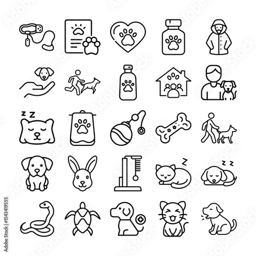 Collection of Pet Related Icons in a Black and White Line Art Style