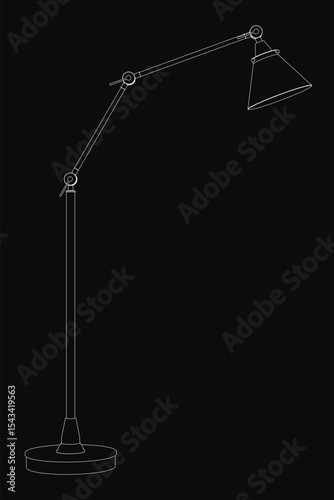 Black and white drawing of a sleek modern floor lamp with a long arm and curved round shade, emitting warm inviting light on a black background. The minimalist design highlights clean lines.