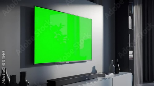 Modern living room featuring a large television with a green screen display