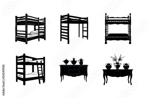 Black silhouettes of bunk beds and antique furniture