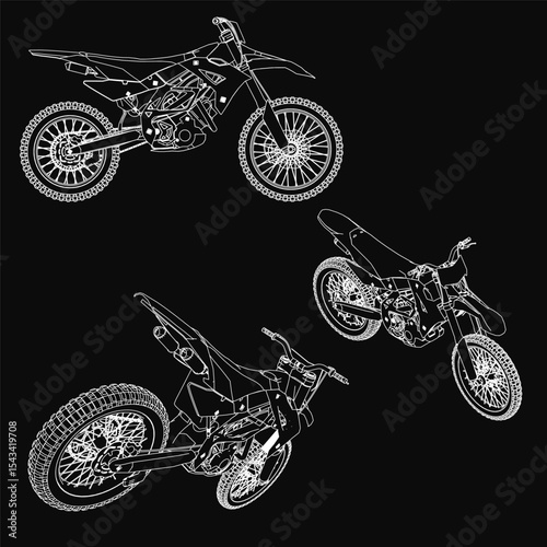 Three sleek dirt bikes with aerodynamic designs stand out against a black background. The largest bike is centered, flanked by two smaller ones, all featuring low-slung frames and wide handlebars.