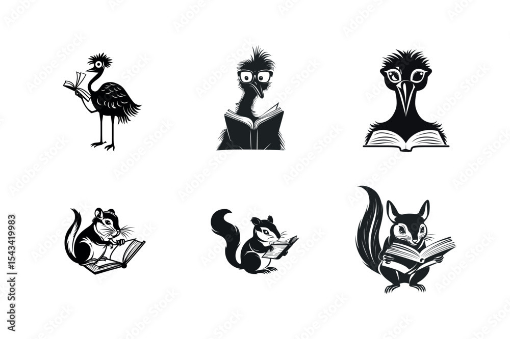 Fototapeta premium Cute animals reading books black and white illustrations