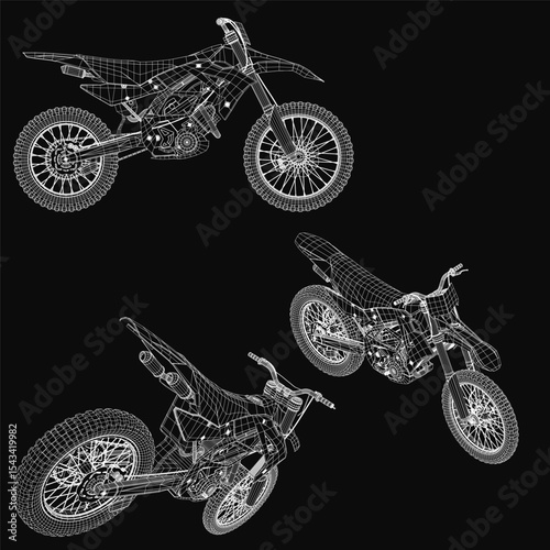 A detailed 3D wireframe model of a dirt bike on a black background, featuring intricate handlebars, a textured seat, and realistic wheels. The sport bike is rendered with precision, showcasing its.