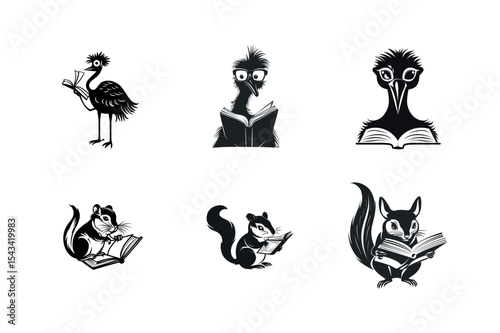 Cute animals reading books black and white illustrations