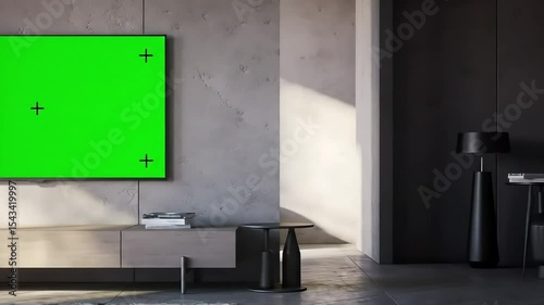 Modern living room interior with green screen tv for custom content display
