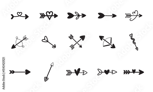 A collection of 12 hand-drawn, stylized arrows and bows, decorated with hearts vector art on white