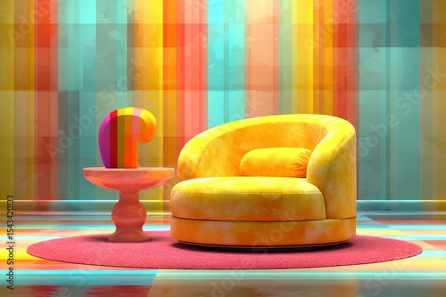 Contemporary living space illustration highlighting design elements: yellow armchair in saturated color, graphic wall stripes, and minimalist round table - a decorator's dream palette.