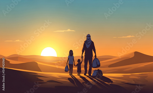 Refugee Family Walking Through Desert at Sunset | Father with Children Migrating, Seeking Safety, and Hope