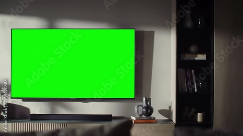 Modern living room with a green screen television for digital display mockups