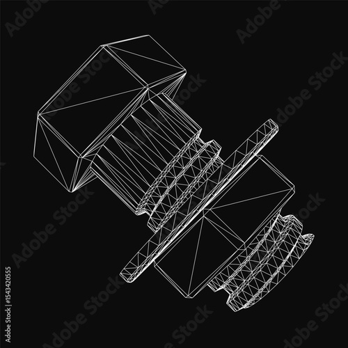 3D wireframe model of a threaded bolt with intricate details, showcasing realistic screw design on a sleek black background. The clean, technical illustration highlights precision engineering and.