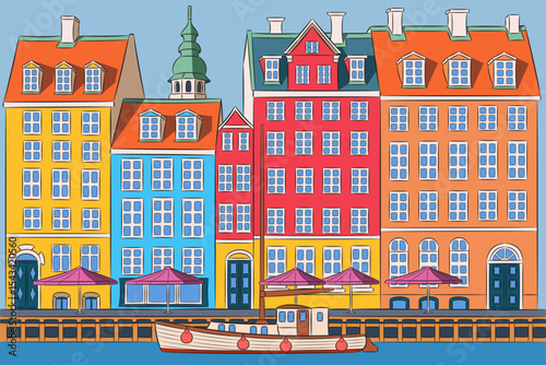 Nyhavn waterfront Copenhagen Denmark illustration