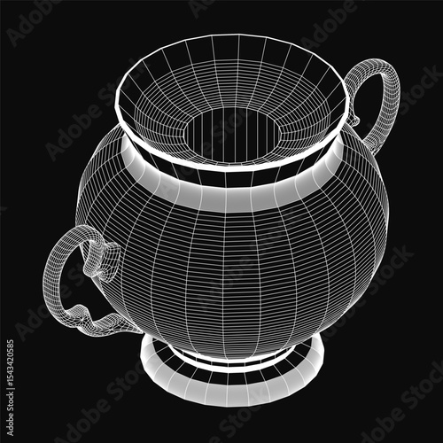 A 3D model of a white cauldron with intricate designs, featuring a handle and spout, rendered realistically on a black background. The high contrast makes the teapot stand out prominently.