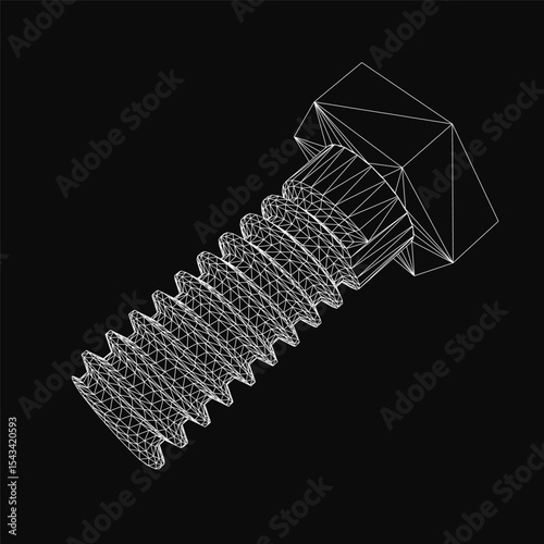 Hex head cap screw in black and white drawing, featuring a hexagonal head and threaded cylindrical body. The flat head and detailed hexagonal cells create a technical, industrial aesthetic.