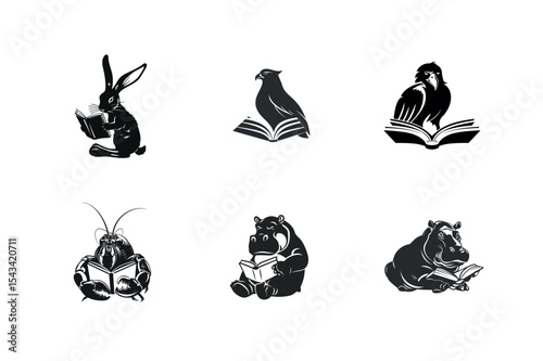 Animals reading books a collection of silhouettes