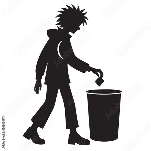 silhouette of a person throwing rubbish in a trash can