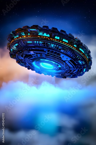 Alien mothership arrival - enormous disc-shaped spacecraft dominates the starry sky as its powerful central beam penetrates multiple cloud layers dramatically.