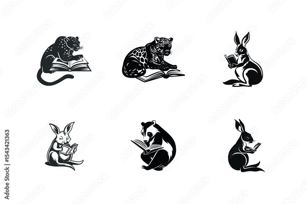 Obraz premium Animals reading books black and white illustrations