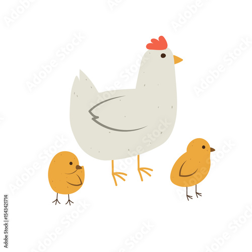 Isolated flat vector illustration of hen with two yellow chicks on white background. Cottagecore lifestyle.