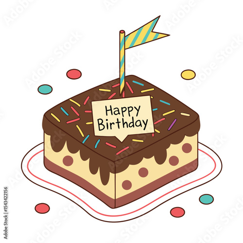 Small square brownie cake, rich fudge topping, delightful for a happy birthday party.
