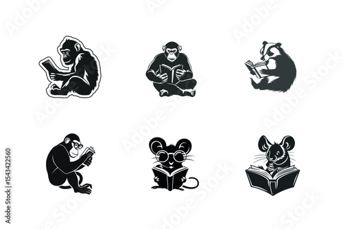 Animals reading books black and white illustrations