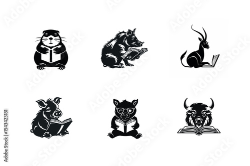Six animals reading books black and white illustrations