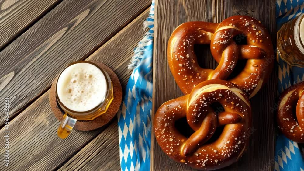 Overhead view of a rustic Oktoberfest table with soft pretzels, beer mugs, and a traditional blue Bavarian napkin on wooden background