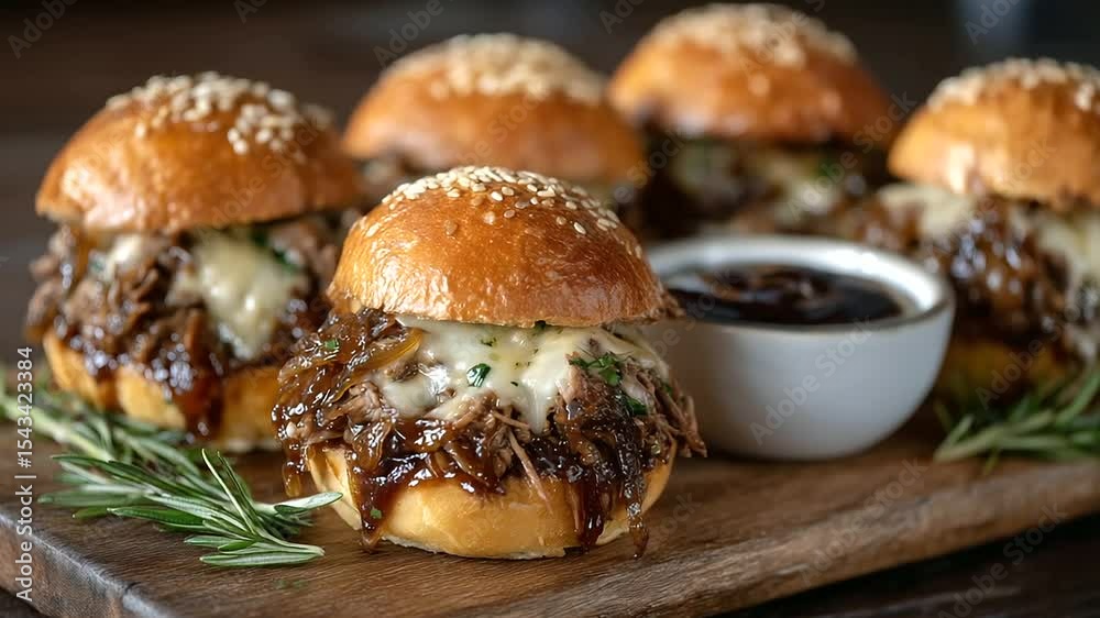 Mini beef sliders stacked neatly on a rustic wooden board, each topped with glossy caramelized onions, melted cheese, and sesame seed buns, surrounded by dipping sauces and herbs