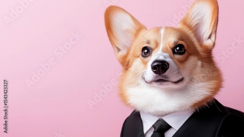 Wallpaper Mural animal pet dog concept Anthromophic friendly Cardigan Welsh corgi dog wearing suite formal business suit pretending to work in coporate workplace studio shot on plain color wall. A charming Torontodigital.ca