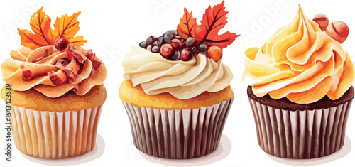 Three delicious autumn themed cupcakes with various toppings including berries nuts and fall leaves arranged on a white background perfect for seasonal baking and dessert