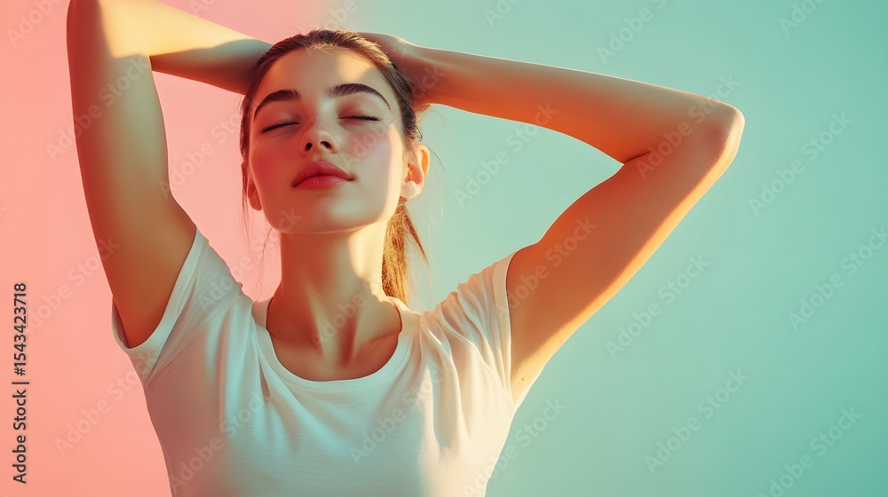 Portrait of a young woman with closed eyes in a studio with colorful lighting for relaxation and wellness Portrait of a young woman with closed eyes in a studio with colorful lighting for relaxation and wellness