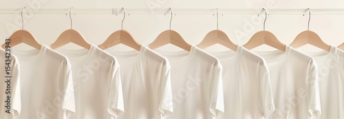 Row of neatly hung white t-shirts on wooden hangers displayed in a closet. concept of fashion organization, wardrobe arrangement, clothing neatness