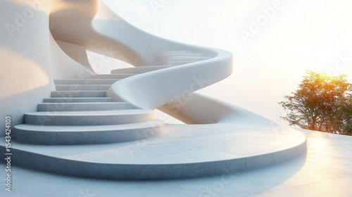 Exterior spiral staircase of a modern building.  Sunlight illuminates the smooth, white concrete structure.  A distant tree is visible on a hazy horizon