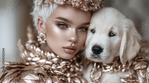 Image of a beautiful luxury woman hold a purebred pet generative AI concept. A stunning elegant female model showcasing a pedigree canine companion a digital art creation.