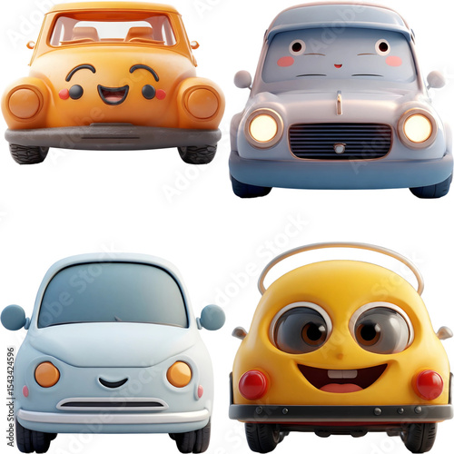 Cute Cartoon Car Faces 3D Rendering Set