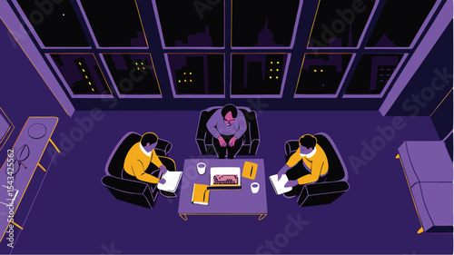Overhead view of three people in a meeting around a table in an office with a city skyline view