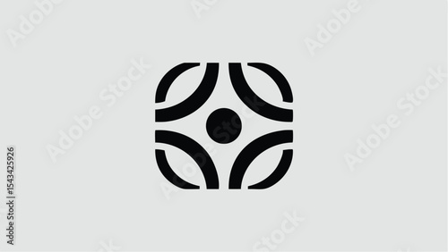 Abstract design featuring a rounded square with curved shapes and a central circle element inside it