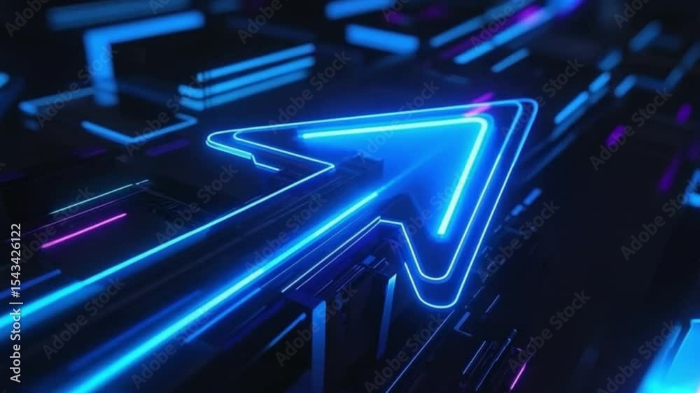 Neon Arrow Futuristic Technology Abstract Background Loop Seamless Animation Glowing Lines Purple Blue Digital Interface Sci Fi Cyberpunk Style Motion Graphics 4 K Ultra H D High