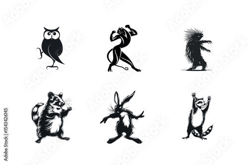 Six black and white wildlife animal illustrations