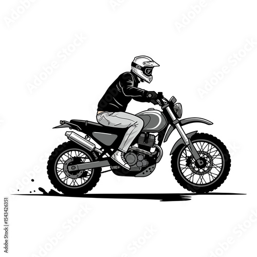 Monochromatic Motorcycle Rider Illustration Featuring a Motorcyclist with a Helmet and Goggles Riding a Classic Style Motorcycle with Mud Splatter