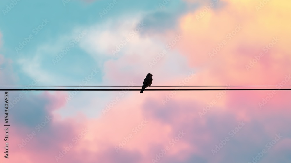 Silhouette of a lone bird perched on a wire during a pastel sunset Silhouette of a lone bird perched on a wire during a pastel sunset