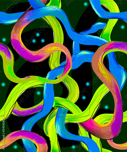 Abstract seamless background with curved line composition of colorful intertwined neon lines. Vector.