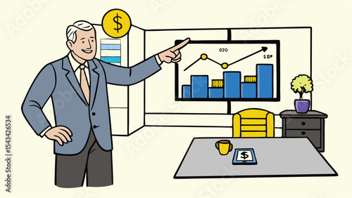 Man presenting financial growth chart in office setting with dollar sign and desk accessories nearby