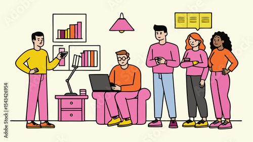 Illustration of a group of people in a room with one person using a laptop and others socializing