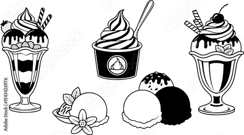 set of ice cream icons, such as parfait, frozen yogurt, ice cream sundae, vanilla, chocolate