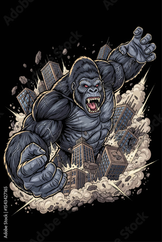 Giant gorilla battles skyscrapers showcasing raw power and urban chaos
