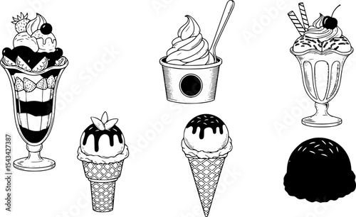 set of ice cream icons, such as parfait, frozen yogurt, ice cream sundae, vanilla, chocolate