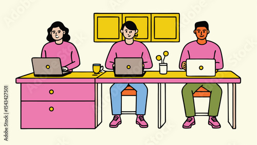 Three people working on laptops at a long desk in a brightly colored room with yellow cabinets